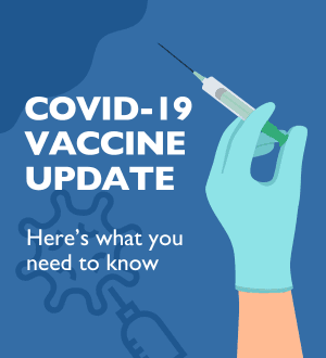 Graphic showing a gloved hand holding a syringe; represents vaccine