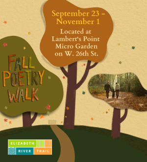 graphic ad for Fall Poetry walk. picture of family walking through the woods. 