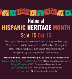 Graphic ad for National Hispanic Heritage Month showing multicolored hanging pennants. 