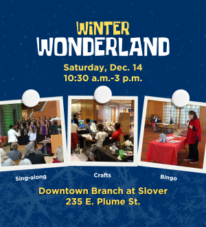 Graphic ad with 3pictures: a choir singing, teens painting on easels and a woman hosting bingo