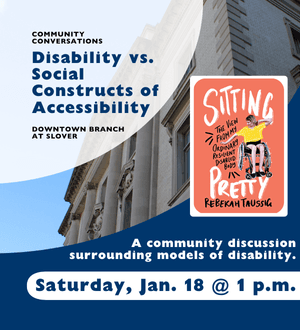 graphic ad featuring slover building, cover of book, 