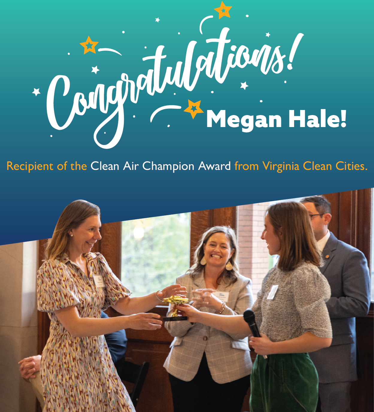 Megan Hale accepts Clean Air Champion Award from Virginia Clean Cities image link