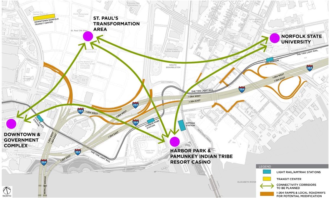 I-264 around downtown Norfolk, the Harbor Park area, and Norfolk State University.