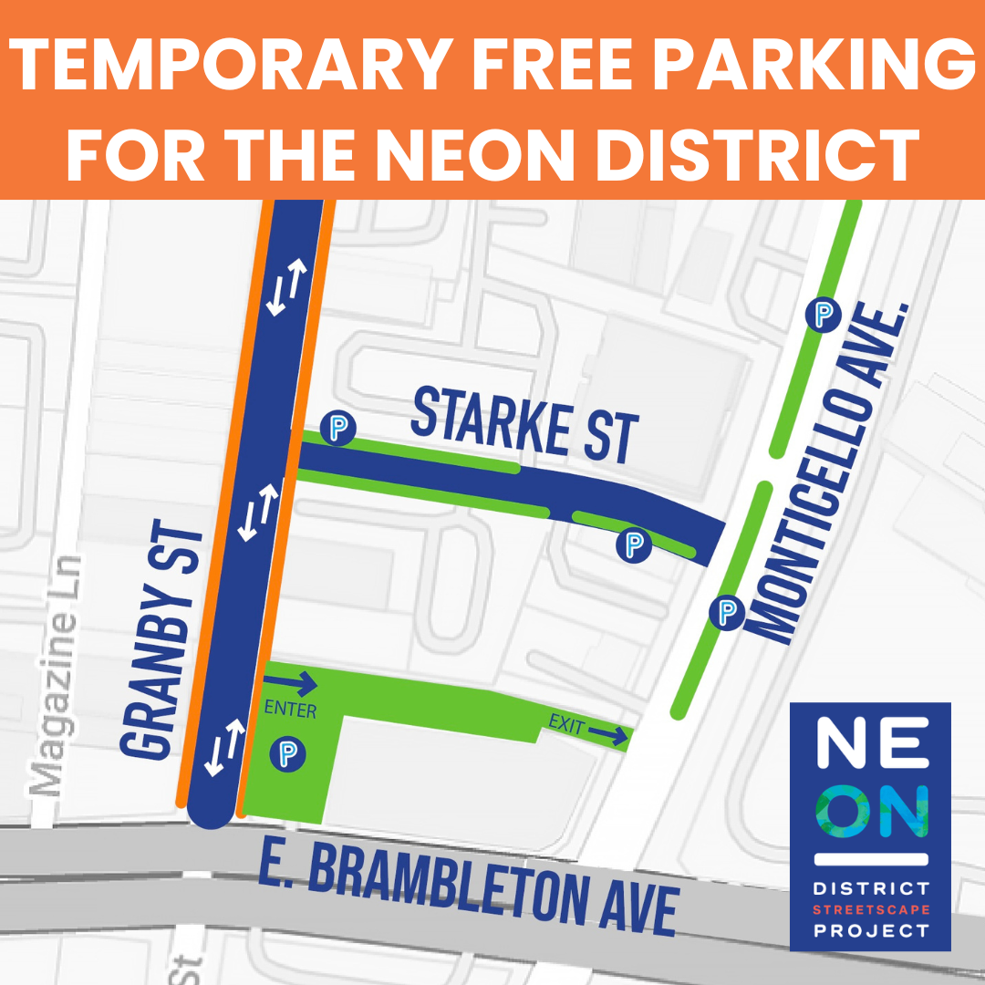 map showing temporary free parking in the neon district 