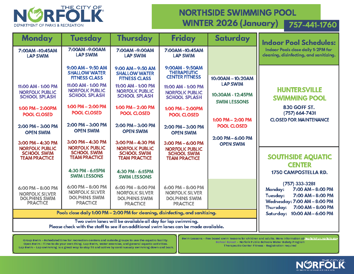 Northside Pool Schedule for January 2026