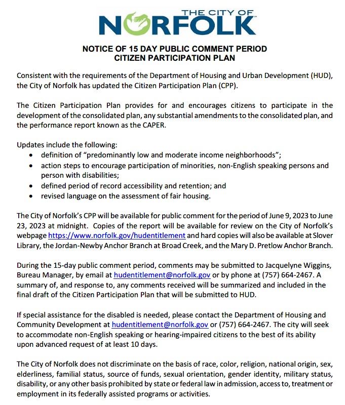 15-day Notice CITIZEN PARTICIPATION PLAN