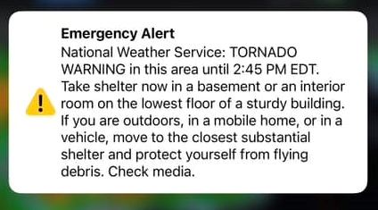 Example of what a WEA would look like for a Tornado Warning